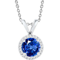 Round Sapphire Jewelry Diamond Halo Pendant Solid Gold 14K 2 Carats