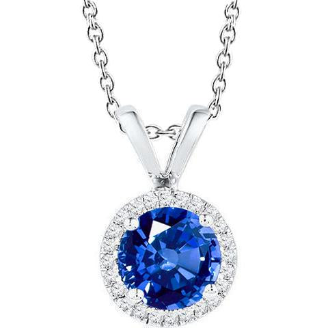 Round Sapphire Jewelry Diamond Halo Pendant Solid Gold 14K 2 Carats