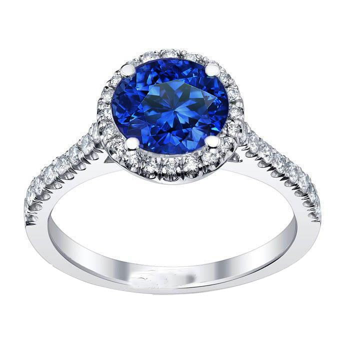 Round Sri Lanka Blue Sapphire Halo Diamond Ring 2.20 Carats Gold 14K