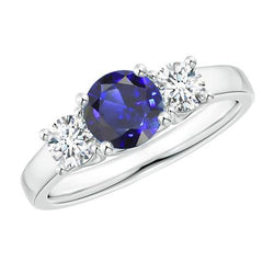 Round Three Stone Blue Sapphire & Diamond Gemstone Ring 1.75 Carats