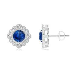 Sapphire And Diamond 3 Carats Lady Halo Stud Earring White Gold 14K