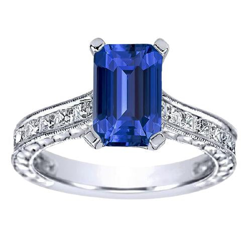 Sapphire Engagement Ring With Princess Diamond Accents 3.50 Carats