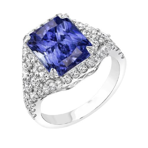 Sapphire Gemstone Ring 4.50 Carats Multi Row Pave Set Diamond Shank