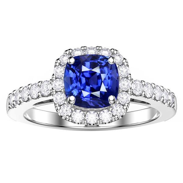 Sapphire Halo Engagement Ring 3.50 Carats Cushion & Round Diamonds