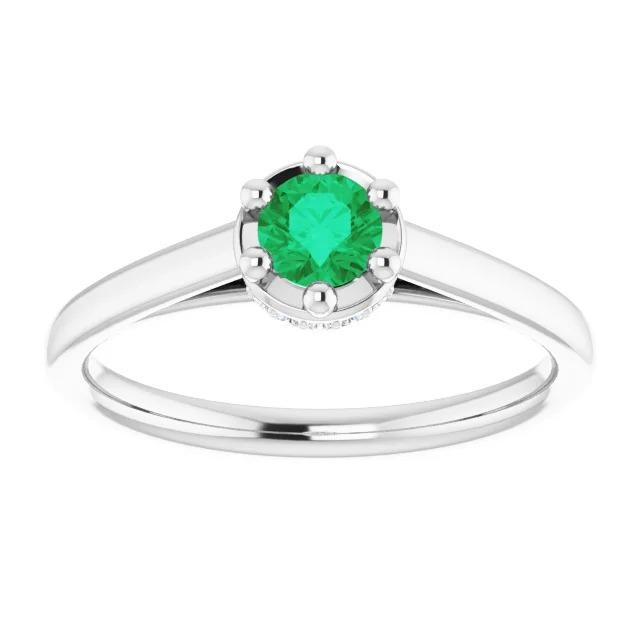 Six Prong Round Green Emerald Diamond Ring 1.25 Carats White Gold 14K