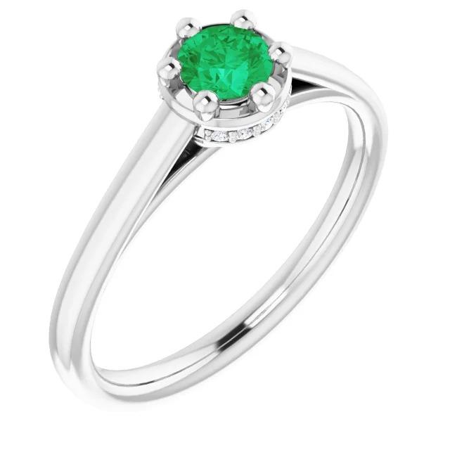 Six Prong Round Green Emerald Diamond Ring 1.25 Carats White Gold 14K