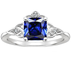 Small Natural Earth Mined Diamond & Cushion Blue Sapphire Gemstone Ring Gold 2.30 Carats