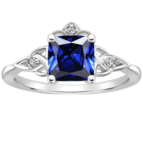 Small Diamond & Cushion Blue Sapphire Gemstone Ring Gold 2.30 Carats