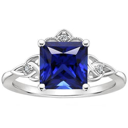 Small Natural Earth Mined Diamond & Princess Cut Blue Sapphire Antique Style Ring Gold 14K