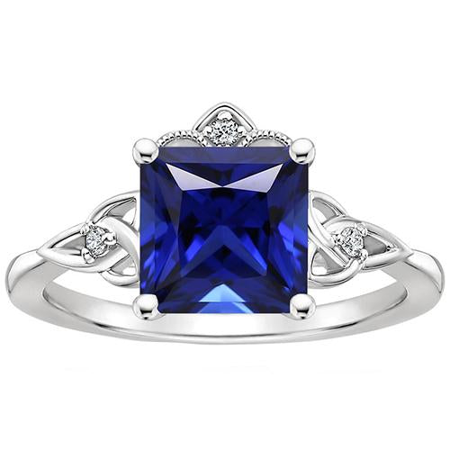 Small Diamond & Princess Cut Blue Sapphire Antique Style Ring Gold 14K