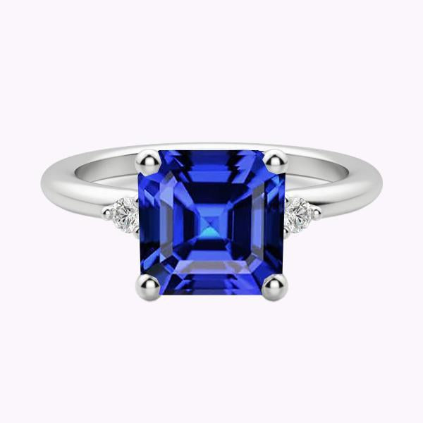 Small Round Diamond 3 Stone Blue Sapphire Ring Asscher Cut 2.75 Carats