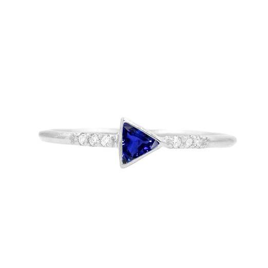 Small Round Diamond Ring Trillion Bezel Set Blue Sapphire 0.75 Carats