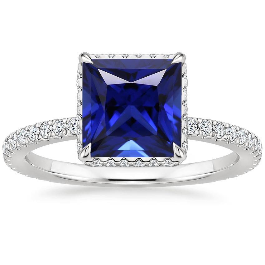 Solitaire Accent Ring Blue Sapphire and Diamond 6 Carat White Gold