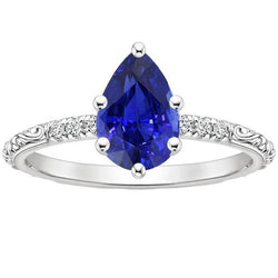 Solitaire Accents Ring Antique Style Blue Sapphire & Natural Earth Mined Diamonds 4 Carats