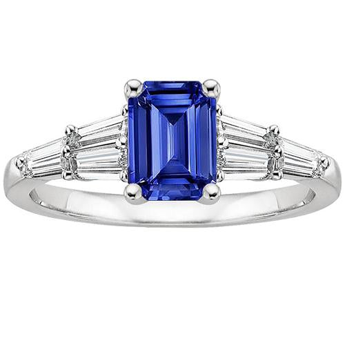 Solitaire Accents Ring Baguette & Emerald Ceylon Sapphire 4 Carats