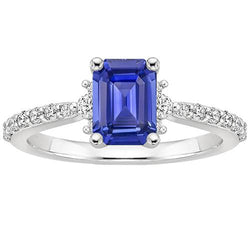 Solitaire Accents Ring Blue Sapphire & Diamond 4 Carats Emerald Cut