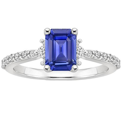 Solitaire Accents Ring Blue Sapphire & Diamond 4 Carats Emerald Cut