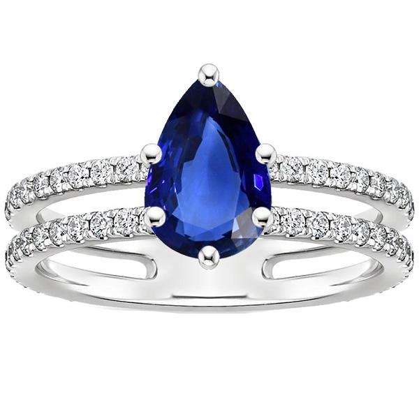 Solitaire Accents Ring Double Shank Blue Sapphire & Diamonds 4 Carats