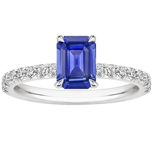 Solitaire Accents Ring Pave Set Blue Sapphire & Diamond 4.50 Carats