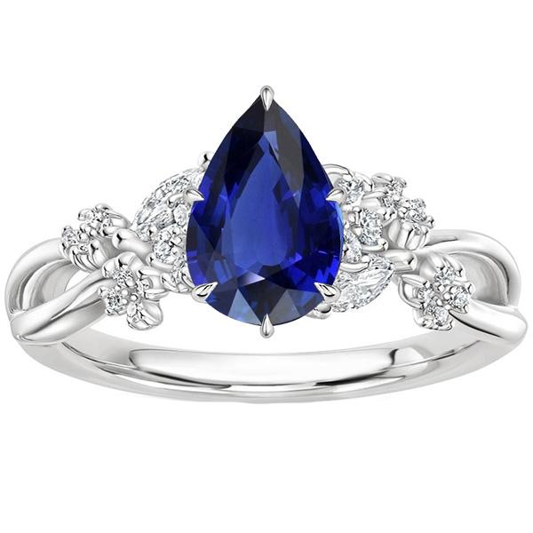 Solitaire Accents Ring Pear Blue Sapphire & Diamonds 3.75 Carats