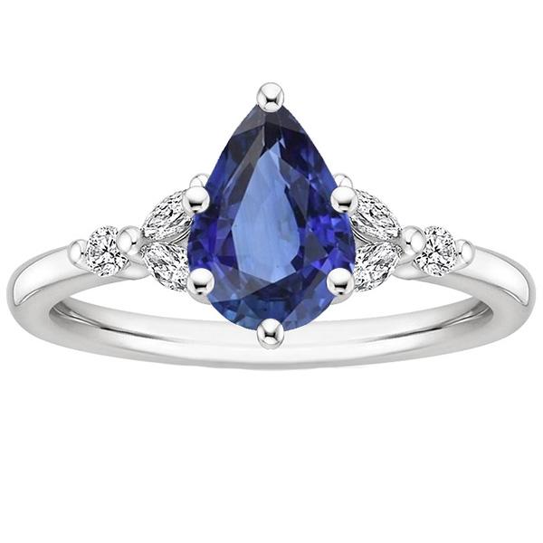 Solitaire Accents Ring Pear Blue Sapphire & Diamonds 4.75 Carats