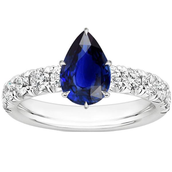 Solitaire Accents Ring Pear Blue Sapphire & Diamonds 5 Carats Pave Set