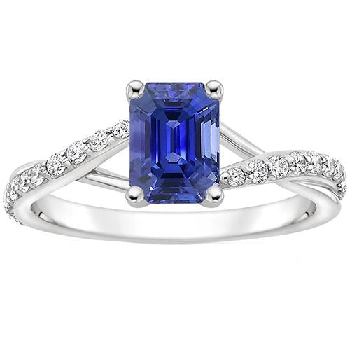 Solitaire Accents Ring Split Shank Blue Sapphire & Diamond 4 Carats