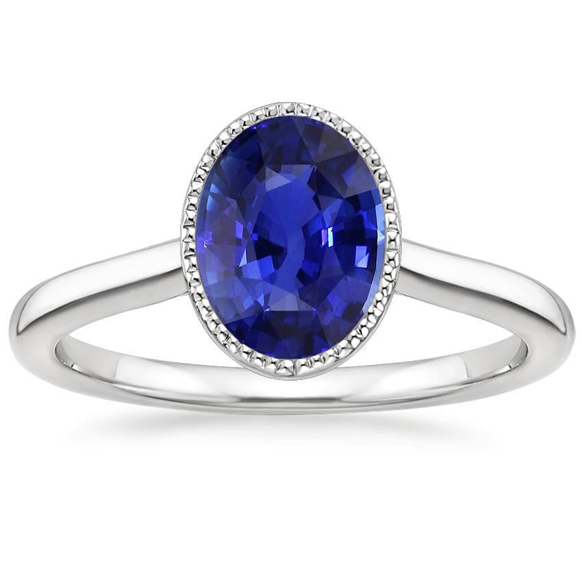 Solitaire Bezel Set Ceylon Sapphire Ring Oval White Gold 3 Carats