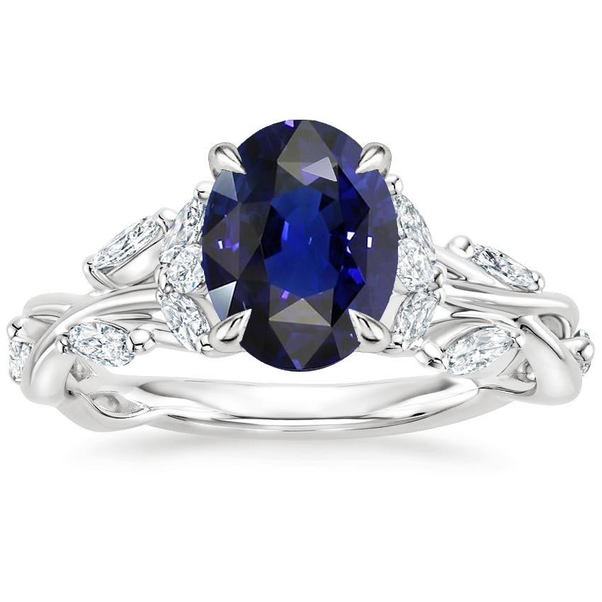 Solitaire Blue Sapphire Ring & Diamond Accents 5.50 Carats Leaf Style