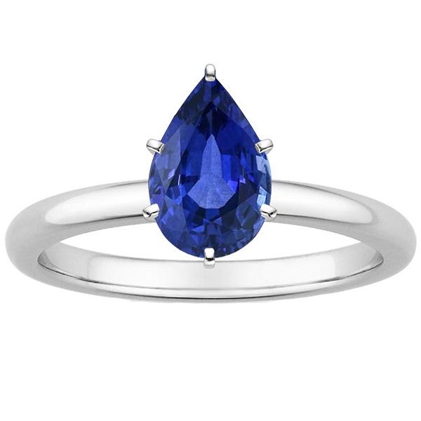 Solitaire Blue Sapphire Ring Pear Cut 2 Carats White Gold 14K