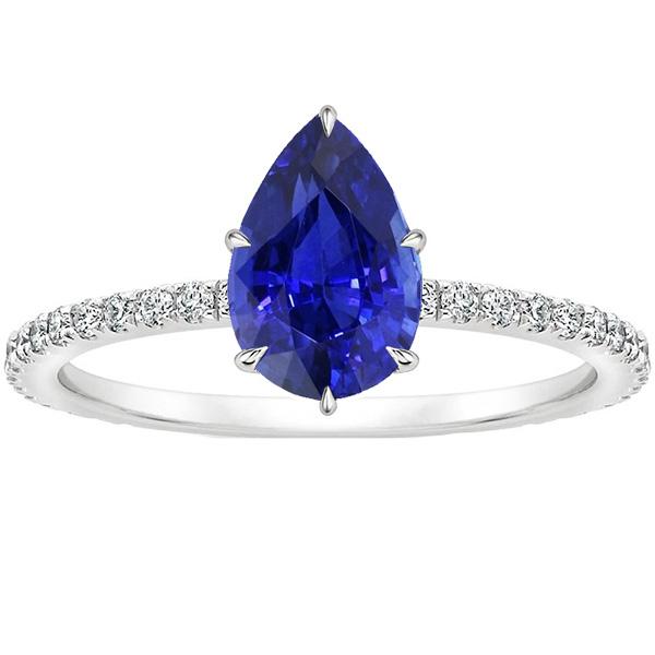 Solitaire Blue Sapphire Ring Pear Cut & Pave Set Diamonds 4.50 Carats