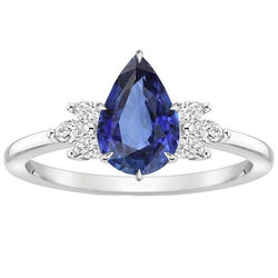 Solitaire Blue Sapphire Ring Pear Cut With Natural Earth Mined Diamond Accents 5 Carats