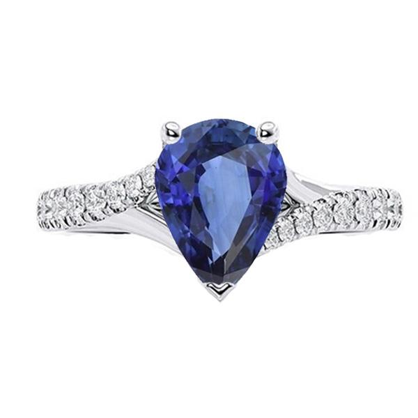 Solitaire Blue Sapphire Ring White Gold Pave Set Diamonds 4 Carats