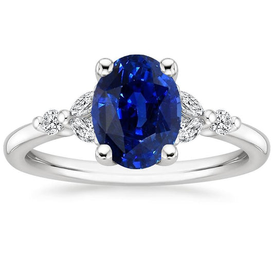 Solitaire Blue Sapphire Ring With Round & Marquise Diamond 3.75 Carats