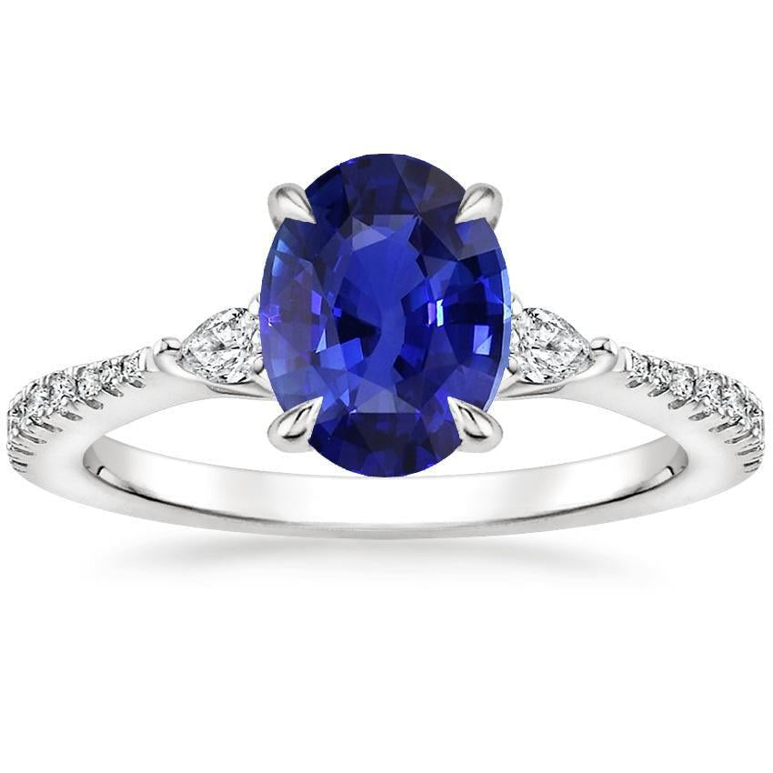 Solitaire Blue Sapphire With Pear & Round Diamond Accent Ring 3 Carats
