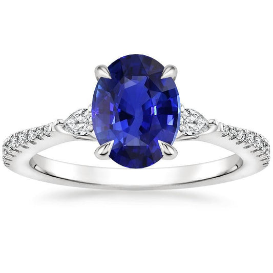 Solitaire Blue Sapphire With Pear & Round Diamond Accent Ring 3 Carats