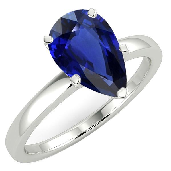 Solitaire Deep Blue Sapphire Ring White Gold 14K Pear Cut 3 Carats