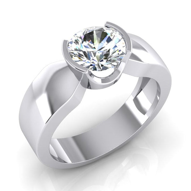 Solitaire Diamond Ring Half Bezel Setting 1.50 Carats Men's White Gold