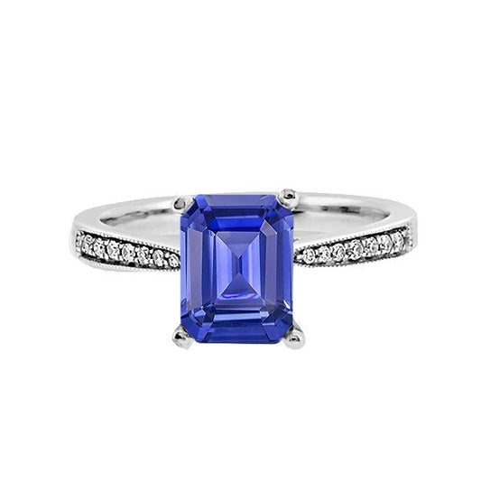 Solitaire Emerald Blue Sapphire Ring With Diamond Accents 2.50 Carats