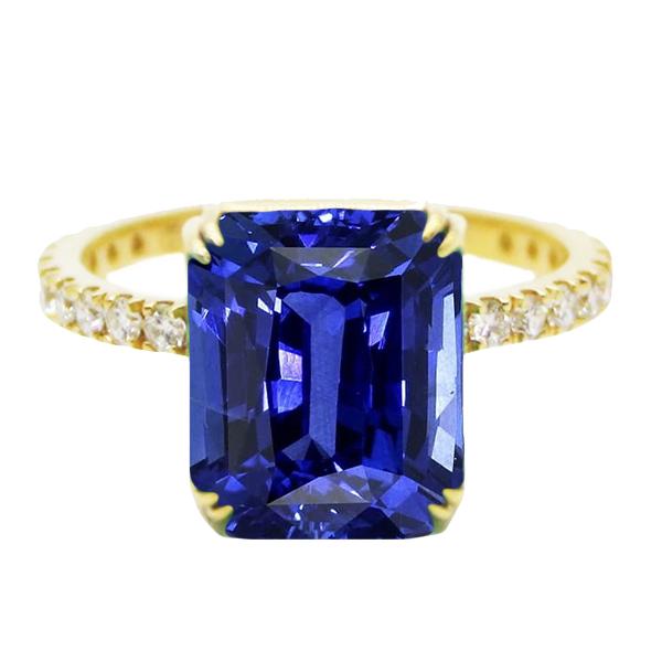 Solitaire Emerald Blue Sapphire Ring With Diamond Accents 4.50 Carats