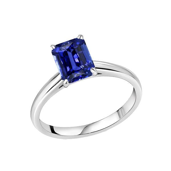 Solitaire Emerald Ceylon Sapphire Ring 14K White Gold 1.50 Carats