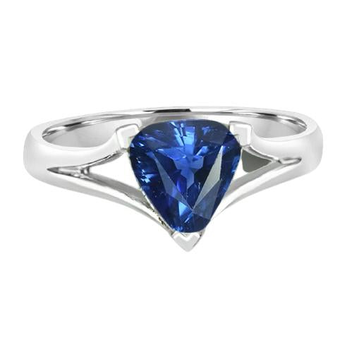 Solitaire Gold Ring Trillion Ceylon Sapphire V Split Shank 1.50 Carats