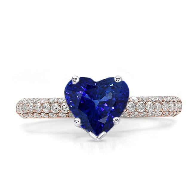 Solitaire Heart Blue Sapphire Ring With Pave Set Diamonds 3.50 Carats