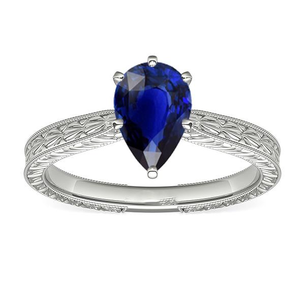 Solitaire Pear Antique Style Blue Sapphire Ring 1.50 Carats White Gold