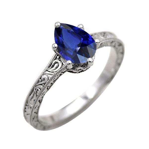 Solitaire Pear Blue Sapphire Ring Antique Style 2 Carats Gold