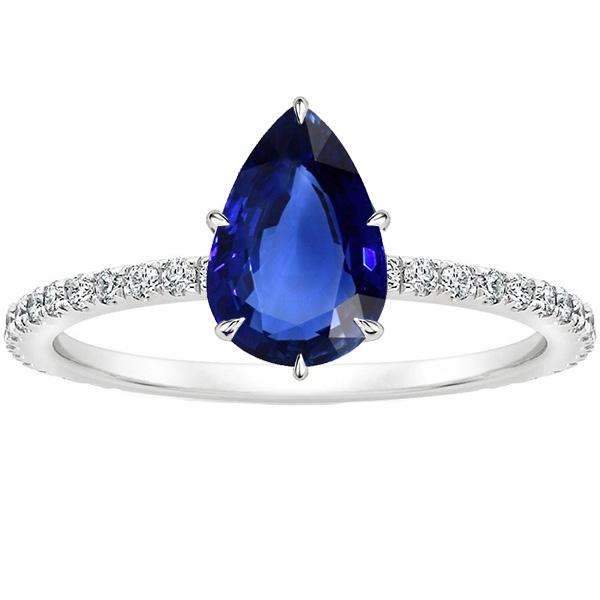 Solitaire Pear Blue Sapphire Ring With Accents Pave Setting 5 Carats