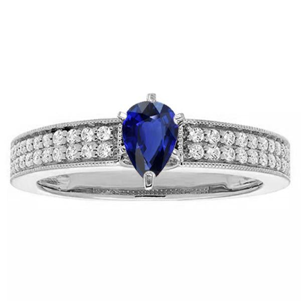 Solitaire Pear Blue Sapphire Ring With Diamond Accents 3 Carats