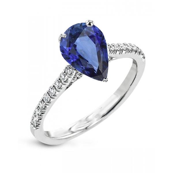 Solitaire Pear Blue Sapphire Ring With Scallop Set Diamonds 3 Carats