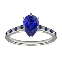 Solitaire Pear Cut Ring With Blue Sapphire & Natural Earth Mined Diamond Accents 2.50 Carats