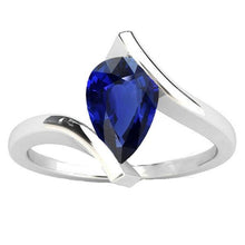 Solitaire Pear Deep Blue Sapphire Ring 14K Gold Tension Style 2 Carats